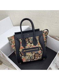 CELINE MICRO LUGGAGE BAG IN FLORAL JACQUARD AND CALFSKIN 167793 BLACK Tl4829Gw67