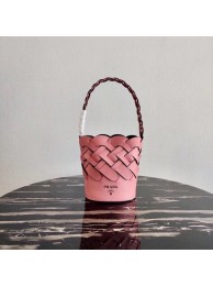 Replica Prada Original Leather Woven Pattern Bucket Bag 1BG049 pink Tl6076Sf59